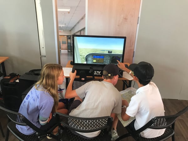 Students flying a flight simulator mission in the Redbird STEM Lab